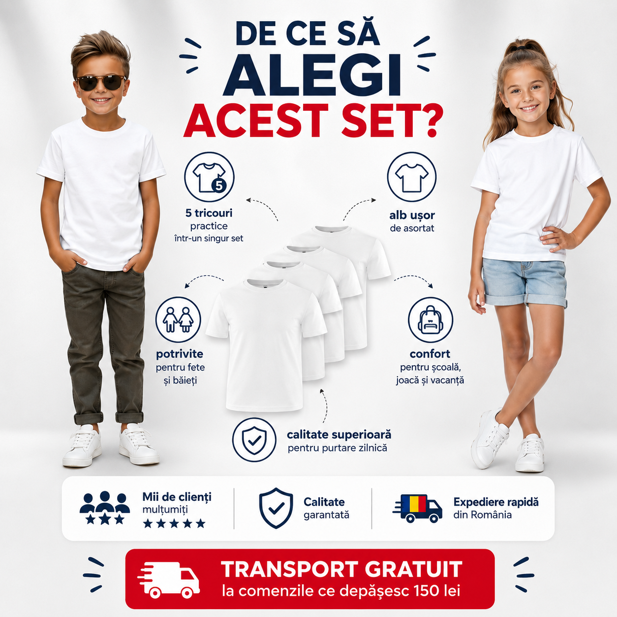 Tricouri albe pentru copii din bumbac 100%, potrivite pentru școală, sport, joacă și activități zilnice